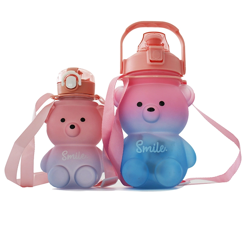Cute Water Bottle for Girl Bear Plastic Pink Korean Plastic Large Sports School Drinking Cup with Strap Straw