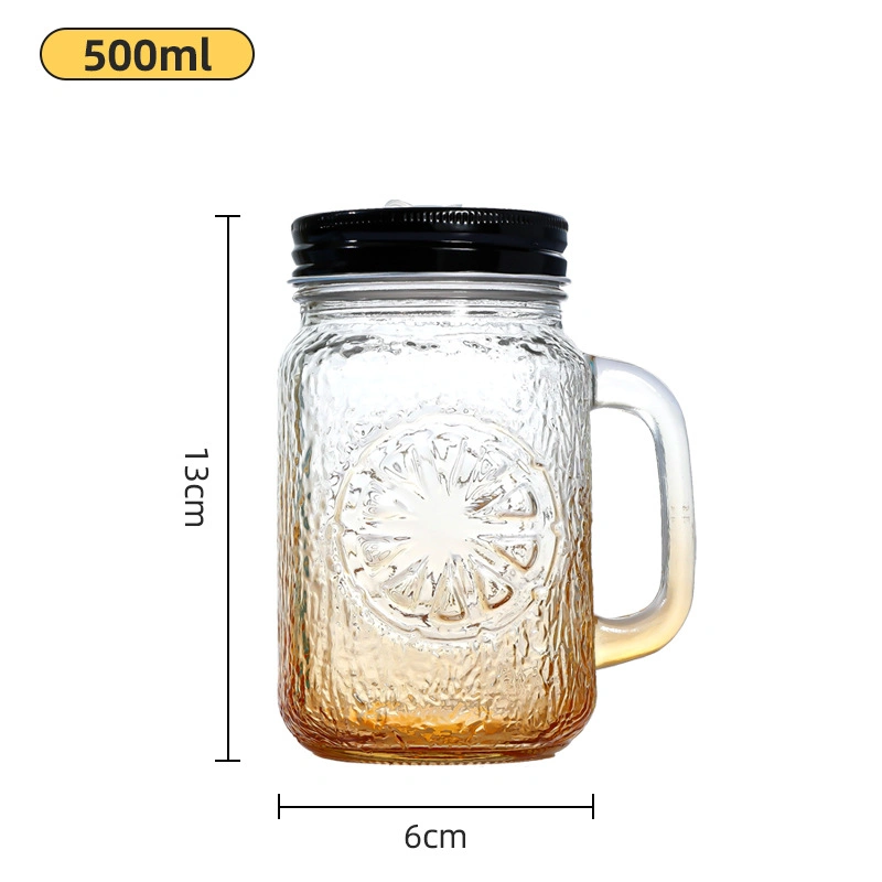 Orange Print Fashion Mason Cup Sealed Handle Sub Cup with Straw Clear Glass Juice Drink Cup