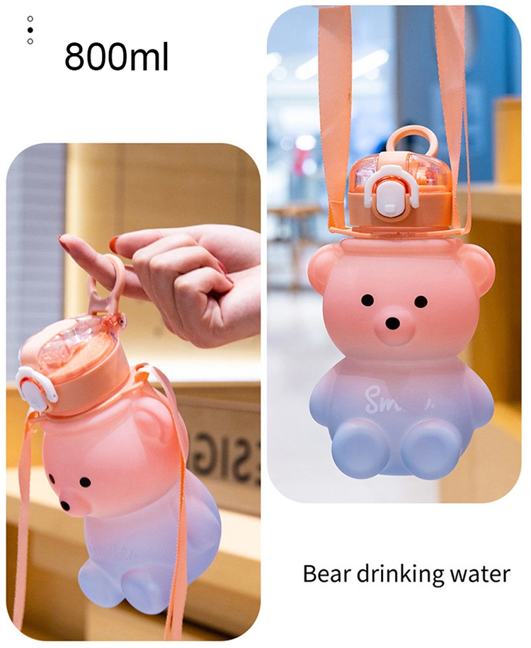 Cute Water Bottle for Girl Bear Plastic Pink Korean Plastic Large Sports School Drinking Cup with Strap Straw