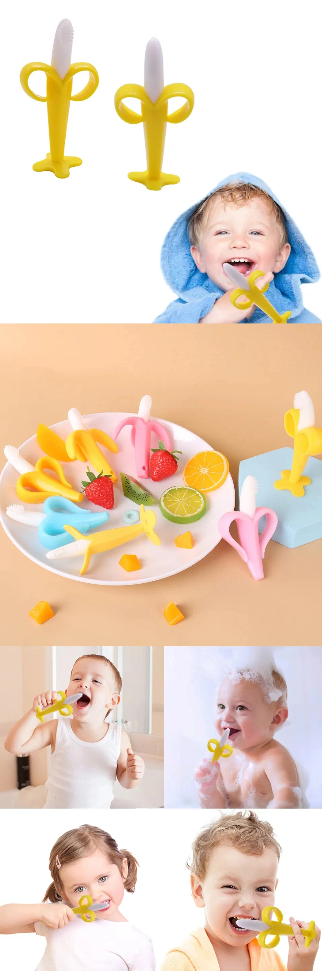 Banana Shape Food Grade Safety Silicone Teethers Baby Rubber Handle Toothbrush