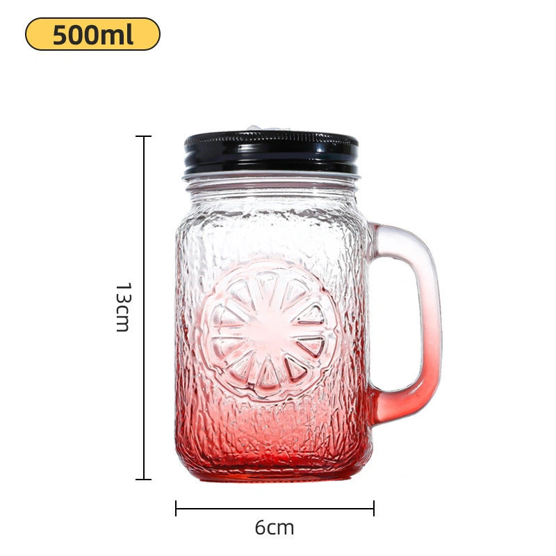 Orange Print Fashion Mason Cup Sealed Handle Sub Cup with Straw Clear Glass Juice Drink Cup