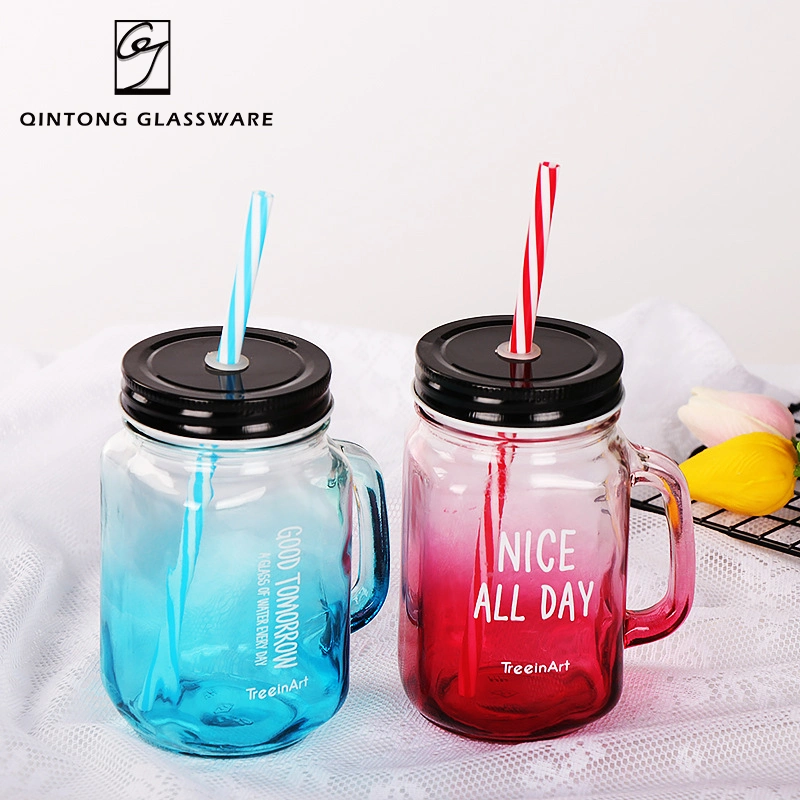 Wholesale 16oz 500ml Clear Yorkshire Mason Jug Drinking Cup with Glass Handle Fun Chalkboard Metal Lid and Hard Plastic Red Straw