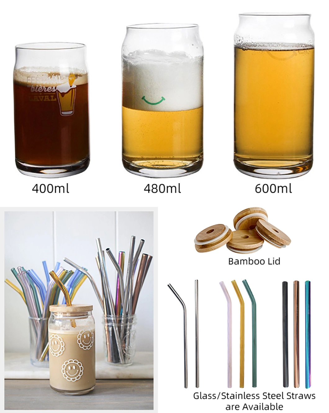 Wholesale Sublimation 16oz 480ml Custom Logo Soda Can Shaped Beer Glass Tumbler Milk Juice Iced Coffee Water Drinking Glass Cup with Bamboo Lid and Straw