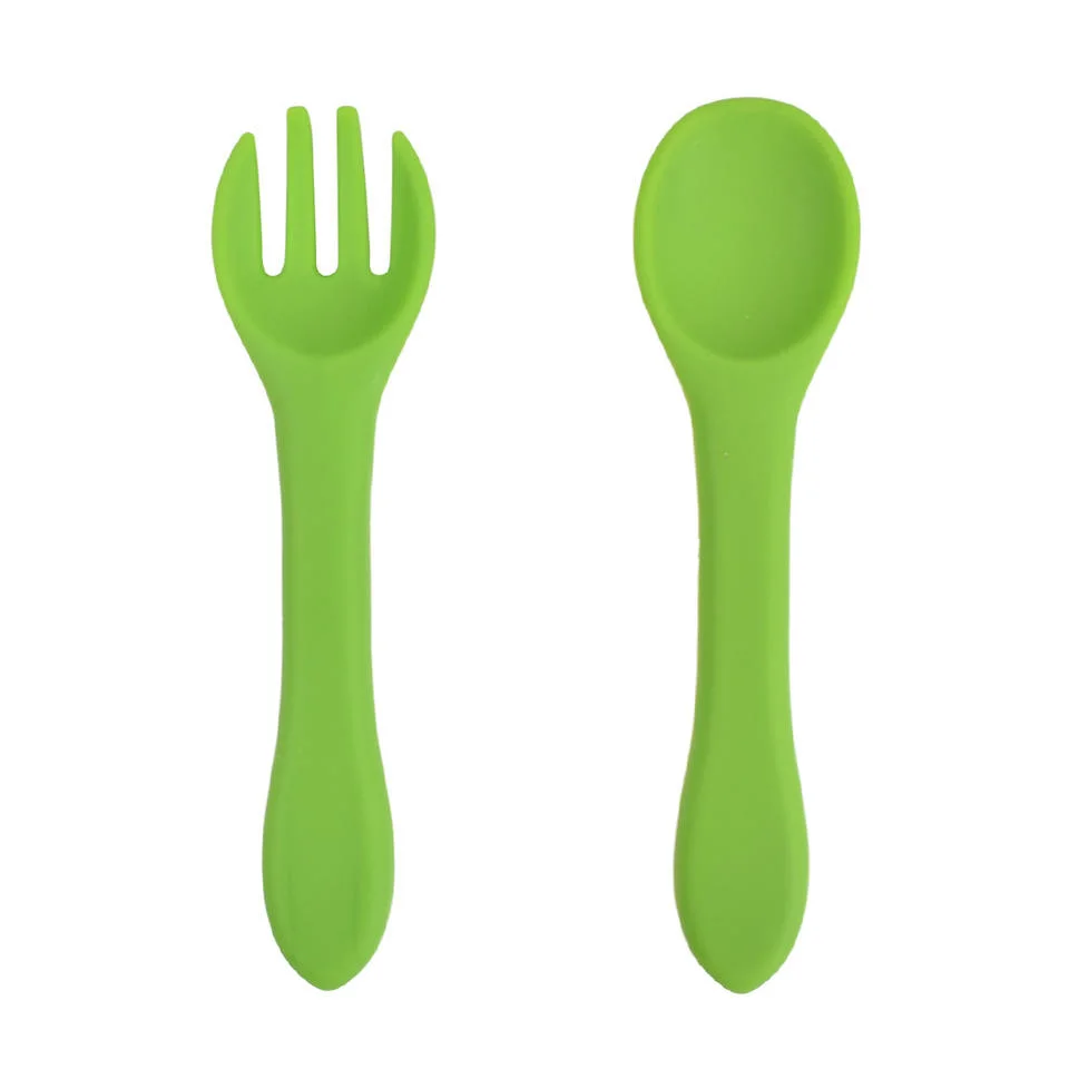 Silicone Baby Feeding Set Solid Color Simplicity Food Grade Non-Toxic Silicone Spoon and Fork Set