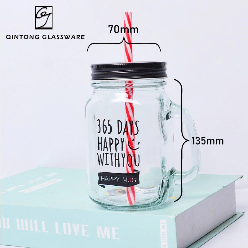 Wholesale 16oz 500ml Clear Yorkshire Mason Jug Drinking Cup with Glass Handle Fun Chalkboard Metal Lid and Hard Plastic Red Straw