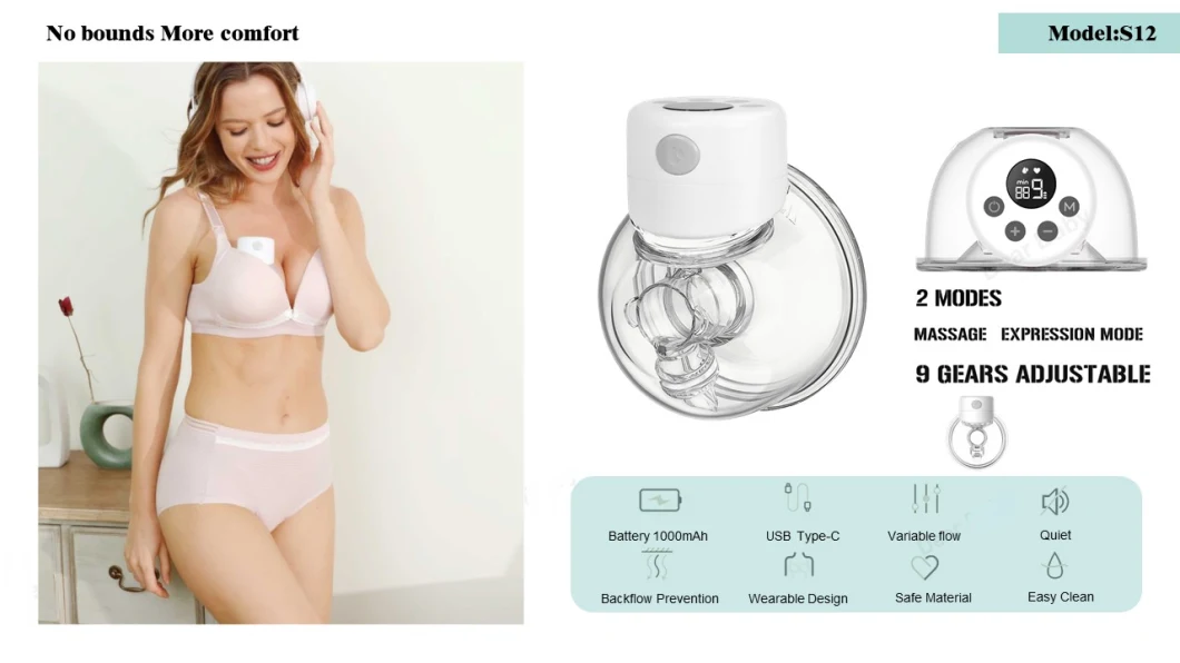 S12 2022 BPA Free Portable Electric Hands Free Breast Pump 2 Modes &amp; 9 Levels Wireless Wearable Electric Breast Pump