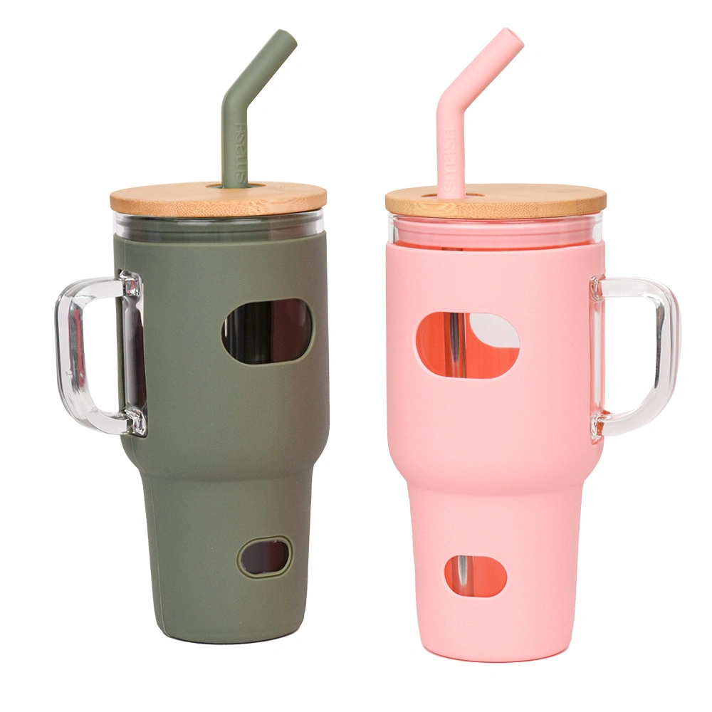 32oz Glass Cup with Straw Cup Portable Water Cup Juice Milk Tea Cup with Silicone Sleeve High Temperature Resistant High Borosilicate