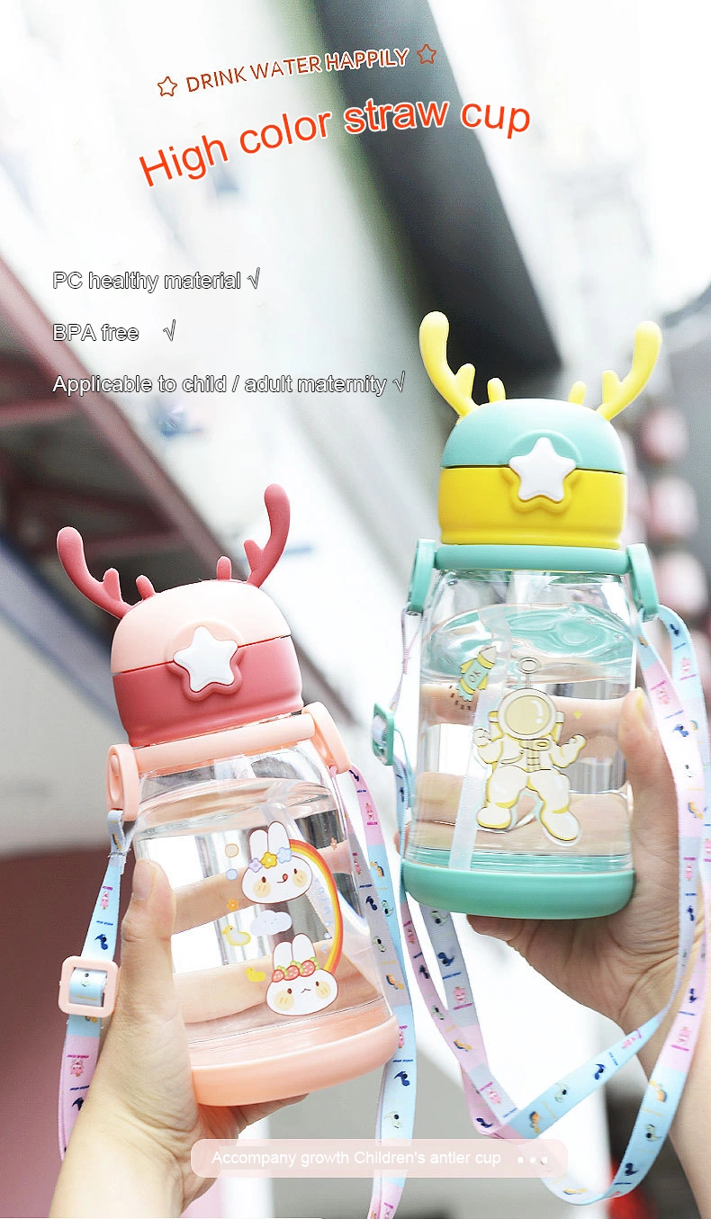 Kids Water Sippy Cup Antler Creative Cartoon Baby Feeding Cups with Straws