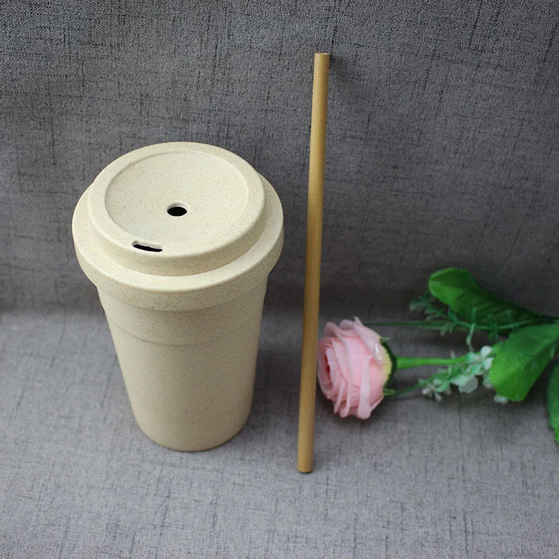 Wood Bran Color Bamboo Fiber Degradable Coffee Cup Straw Cup Beverage Cup Environmental Protection Health Cup with Bamboo Straw