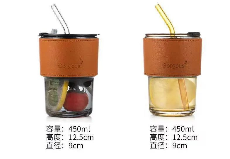 Color Grey Amber Drinking Tumbler Borosilicate Reusable Travel Coffee Glass Mug Cup Children Milk Cup with Straw and Lid