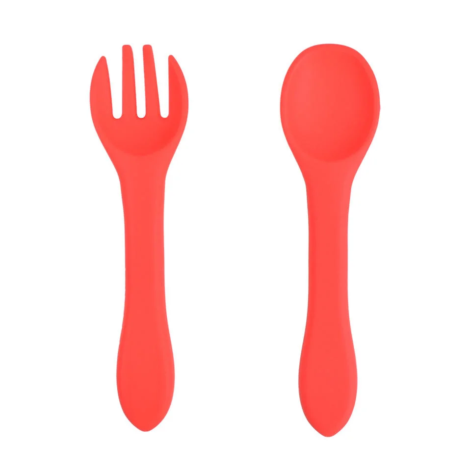 Silicone Baby Feeding Set Solid Color Simplicity Food Grade Non-Toxic Silicone Spoon and Fork Set