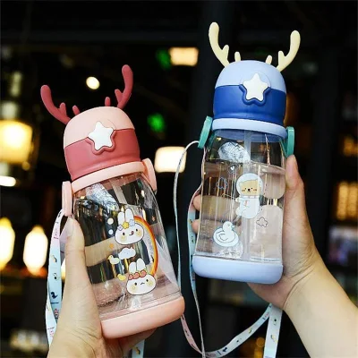 Kids Water Sippy Cup Antler Creative Cartoon Baby Feeding Cups with Straws