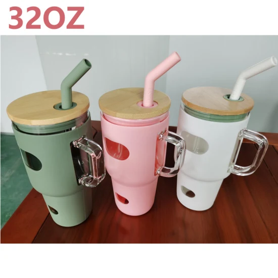 32oz Glass Cup with Straw Cup Portable Water Cup Juice Milk Tea Cup with Silicone Sleeve High Temperature Resistant High Borosilicate