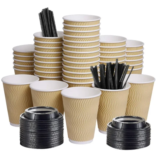 50 Sets 12oz Insulated Kraft Ripple Wall Disposable to Go Paper Coffee Cups, Disposable Coffee Cups with Lids & Straws Exclusively for Customization