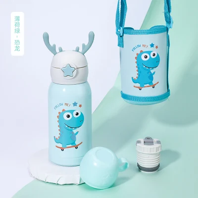 Custom Insulated 500ml 17oz Cup with Straw Outdoor Sports Cups for School Stainless Steel Children Kids Water Bottle with Pouch 3 Lids Strap Rope