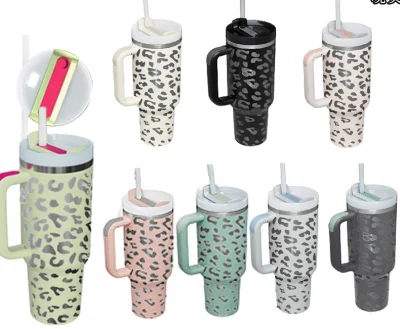 Stock Vacuum Insulated Custom Stainless Steel 40oz Tumbler Cup with Handle Straw Lid Travel 40 Oz Leopard Tumbler